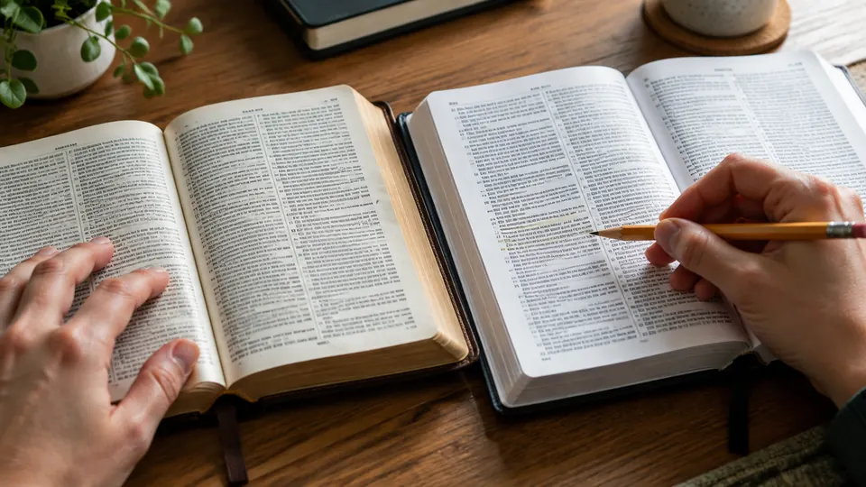 Manos que comparan dos Biblias abiertas y subrayan con un lápiz