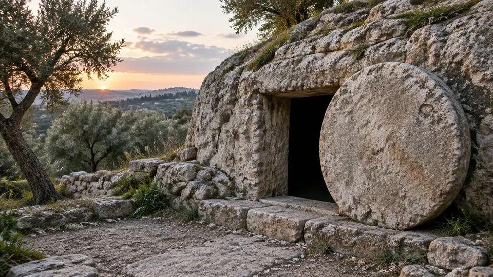 Entrada de una tumba excavada en la roca con la piedra redonda corrida