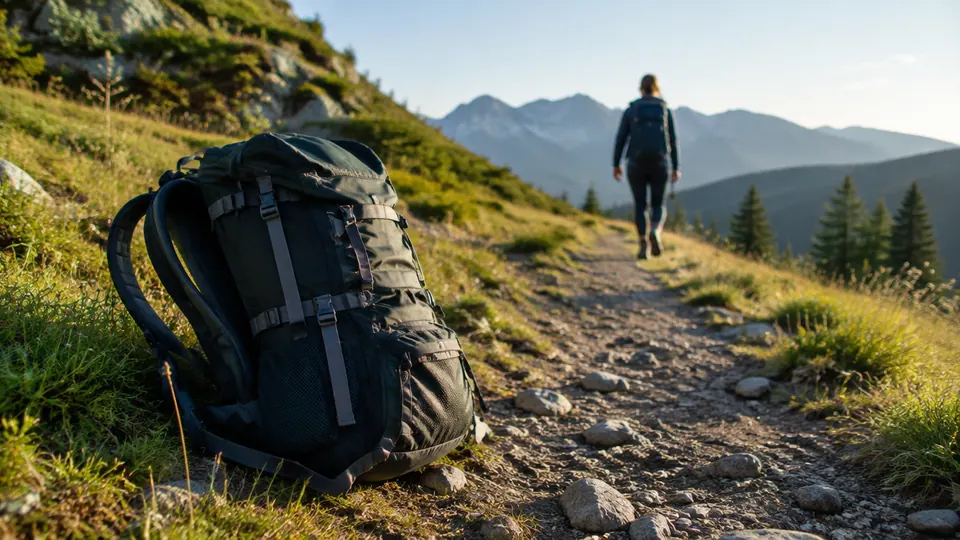 Mochila pesada dejada en un sendero de montaña mientras una persona sigue caminando liviana