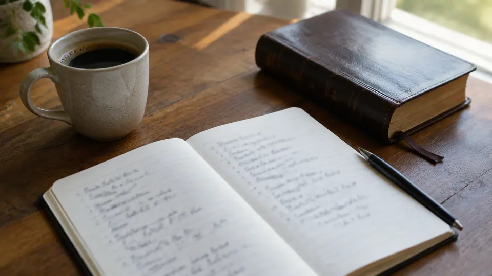 Cuaderno con una lista escrita a mano junto a una taza de café y una Biblia