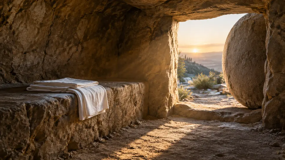 Tumba vacía excavada en la roca al amanecer, con los lienzos de lino doblados en su interior