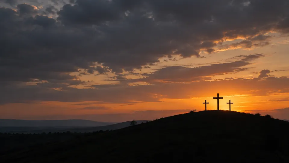 Tres cruces en silueta sobre una colina contra el cielo del atardecer