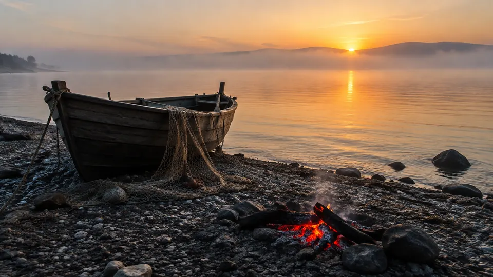 Orilla del mar de Galilea al amanecer, con una barca de pesca y brasas encendidas en la playa