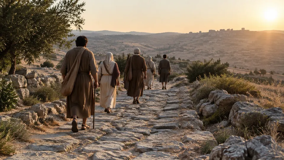 Grupo de personas de espaldas que camina por un antiguo camino de piedra en Judea